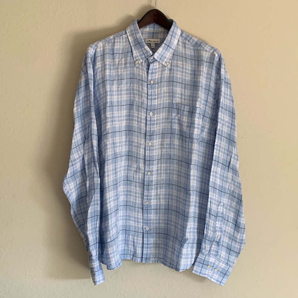 Peter Millar 100% Linen Shirt Light Blue Plaid Long Sleeve Button Up Size XL